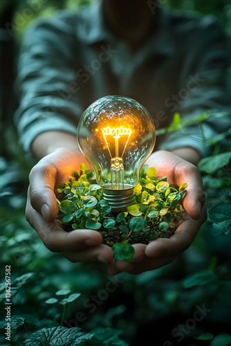 Glowing bulb held in hands, surrounded by greenery, symbolizing innovation and environmental consciousness