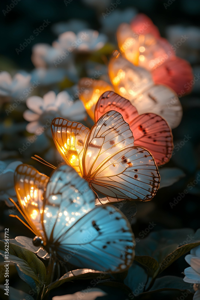 Fototapeta premium Glowing butterflies rest on daisy-like flowers in a colorful, illuminated row