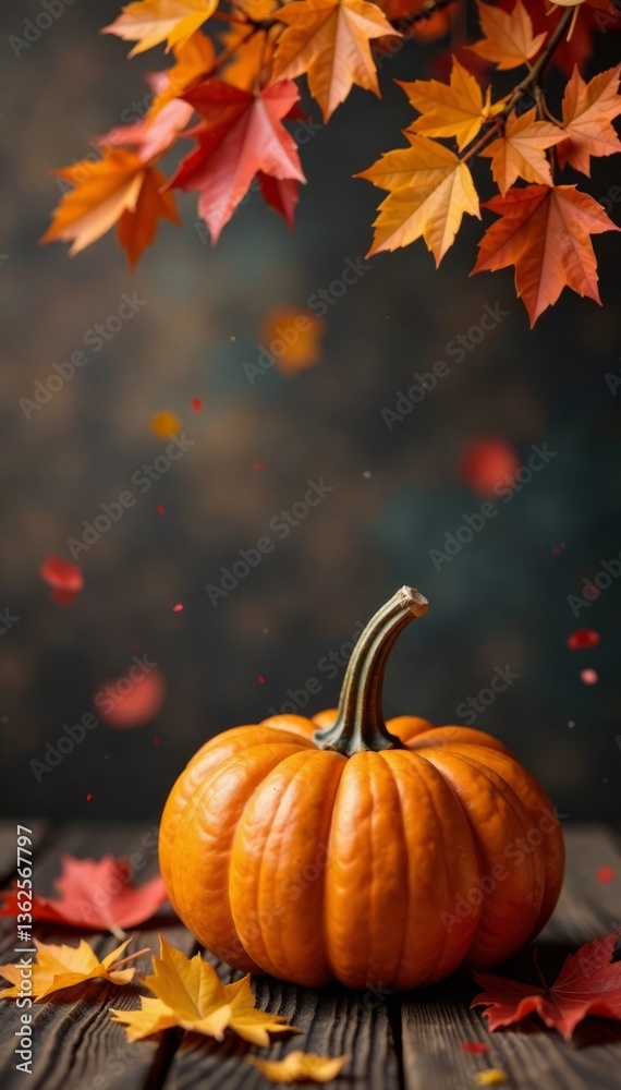Cozy autumn atmosphere with pumpkin and leaves on wooden background, harvest, maple leaves Cozy autumn atmosphere with pumpkin and leaves on wooden background, harvest, maple leaves