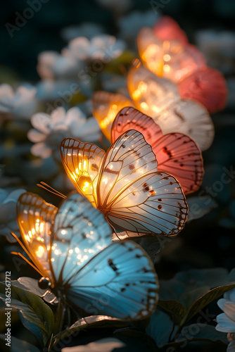 Glowing butterflies rest on daisy-like flowers in a colorful, illuminated row