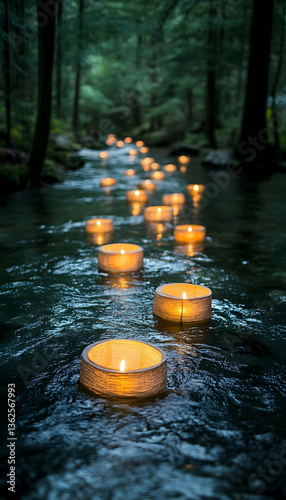 Glowing candles float down a forest stream, creating magical ambiance