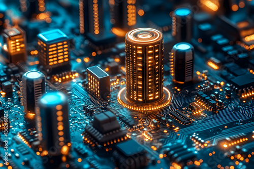 Glowing circuit board details with cylindrical central structure