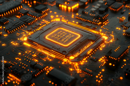 Glowing circuit board with central processor unit closeup