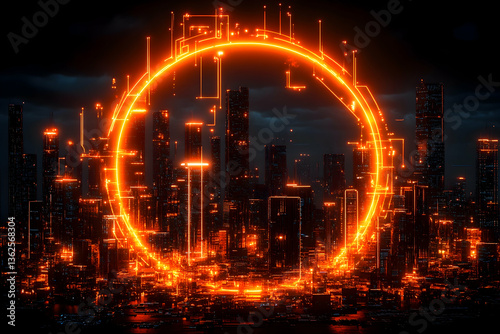 Glowing cityscape Technology connects structures in dark, futuristic urban sprawl, with glowing ring above