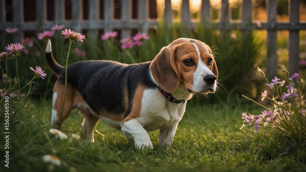 A beagle stands in a grassy area surrounded by flowers during golden hour. A beagle stands in a grassy area surrounded by flowers during golden hour.