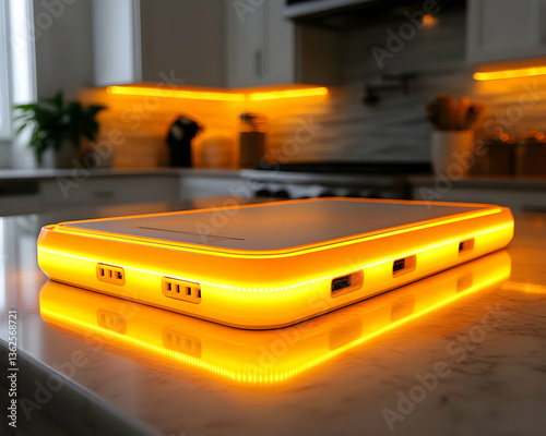 Glowing device on a kitchen counter, with bright yellow light reflecting on the surface