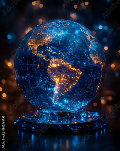 Glowing digital globe, blue and orange, showing Earth's continents on a tech stand