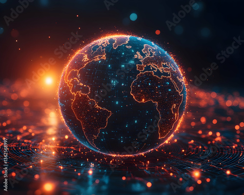 Glowing Earth with light trails shows connectivity, networking, & data