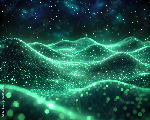 Glowing, emerald, undulating surface with starry background
