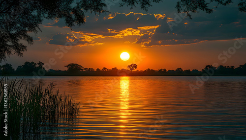 Golden sunset over calm water, silhouetted trees, and cloudy sky reflecting serene scene