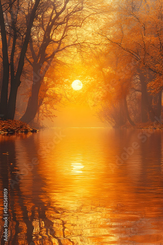 Golden sunrise over water Foggy trees line river reflecting light