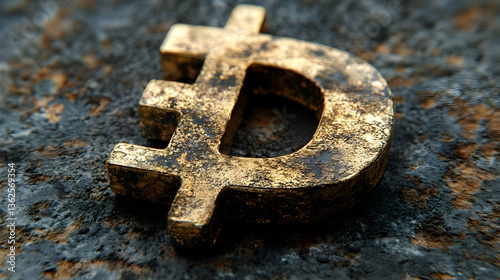 Golden symbol of currency lies weathered on a textured surface