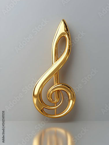 Golden treble clef brooch resting against wall with subtle reflection