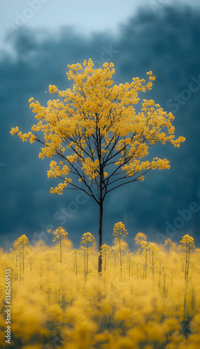 Golden tree stands tall in field, against foggy background