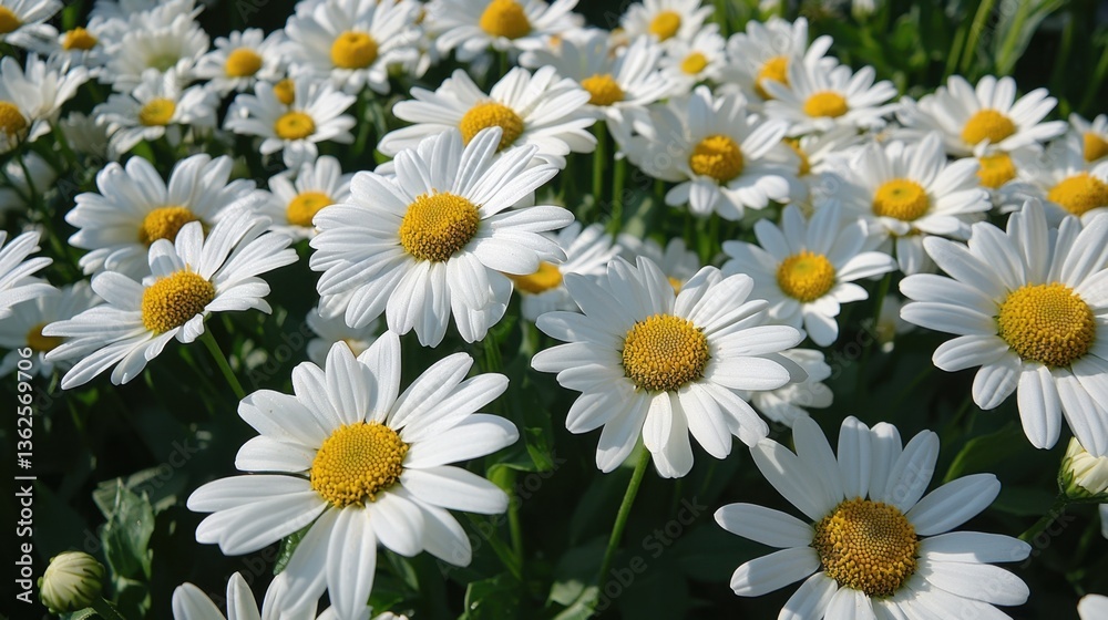 Fototapeta premium A beautiful field of white and yellow daisy flowers in full bloom, creating a vibrant floral background.