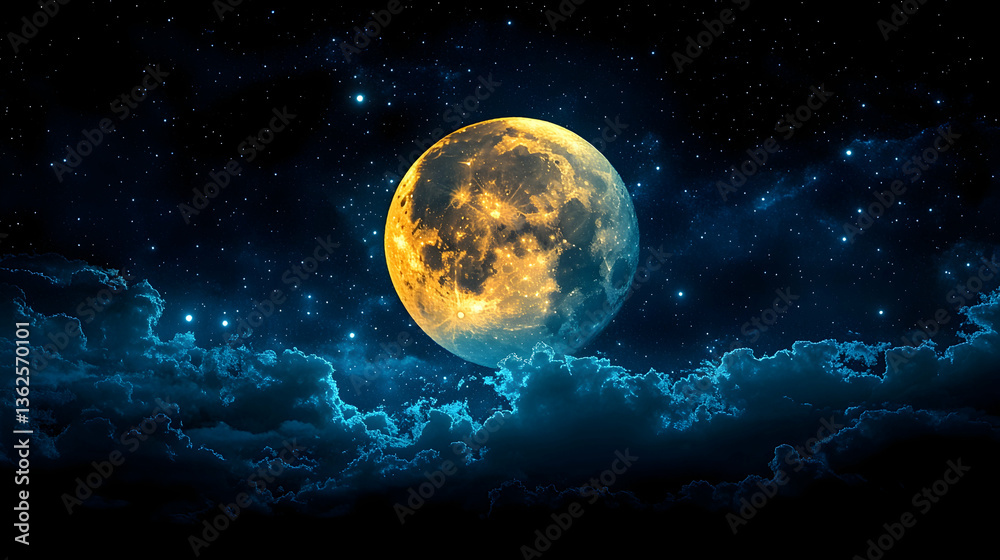 Fototapeta premium Glowing full moon over cloudscape, stars sparkle in dark night sky background
