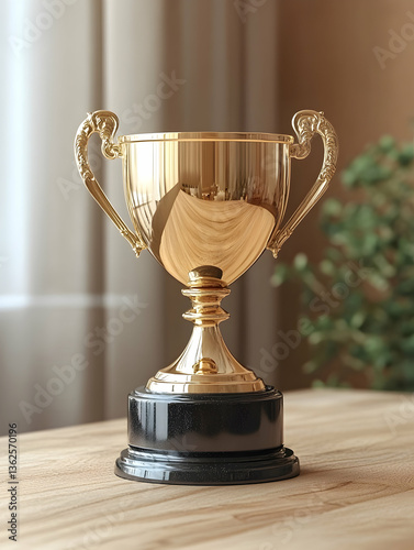 Golden trophy on a table, with a neutral background and plant visible