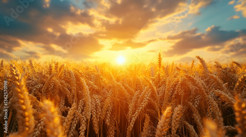 Golden wheat field basking under the warm glow of a vibrant sunset with cloudy sky