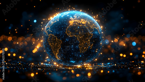 Glowing globe Africa and Americas displayed Blue and orange light, bokeh
