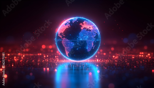 Glowing globe Digital world with red and blue lights on a dark background
