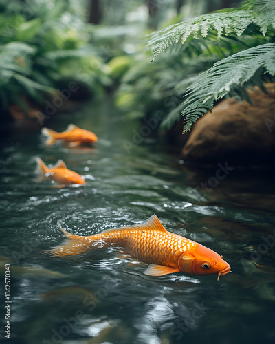 Goldfish swimming in a stream amongst lush green foliage