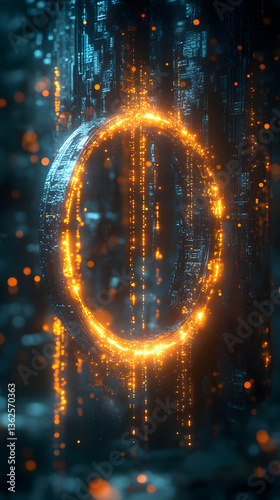 Glowing golden circle with falling pixelated light effects in a dark blue background