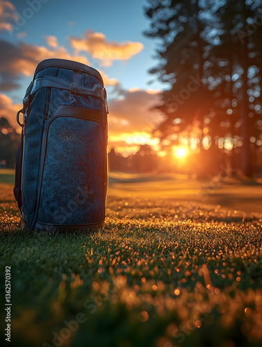 Golf bag sits on a sunlit golf course Warm colors