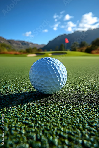 Golf ball on a green, mountains and blue sky in the background