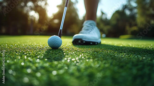 Golf ball on green about to be struck by golf club, shoe in background