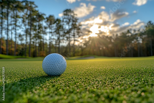 Golf ball on green grass, forest backdrop, sunlight