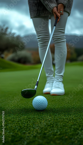 Golf ball resting on green turf ready to be hit by golfer in neutral tones during an overcast day