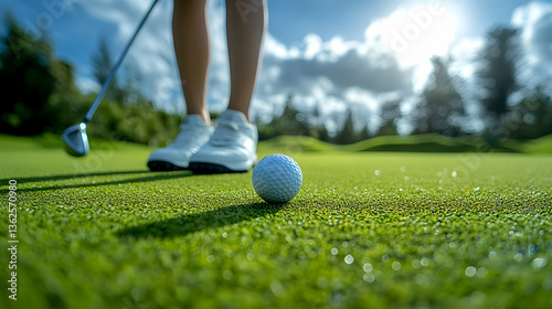 Golfer prepares to putt on a green, sunny day