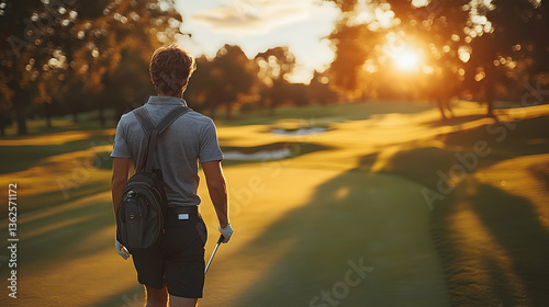 Golfer walks course at sunset; backpack, club