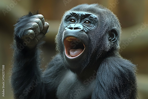 Gorilla raises a fist, mouth open