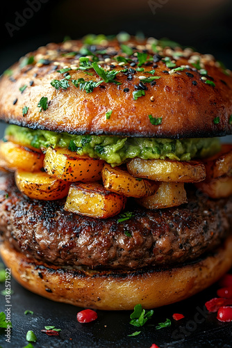 Gourmet burger with potatoes and green spread, close-up shot of a delicious meal