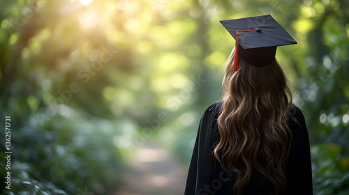 Graduate in cap and gown walks forest path into bright future, back view
