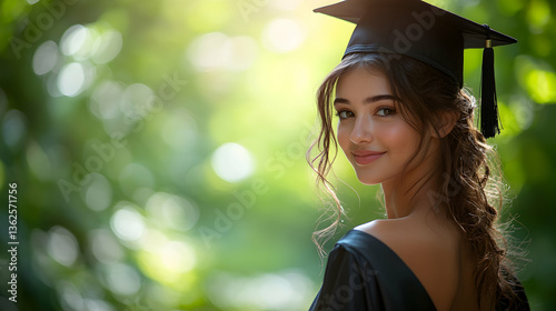Graduate smiles over shoulder wearing graduation cap and gown against green bokeh background