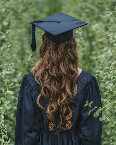 Graduate in cap and gown surrounded by plants