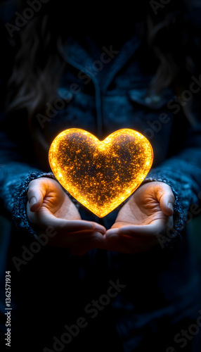 Glowing heart held in hands against dark background