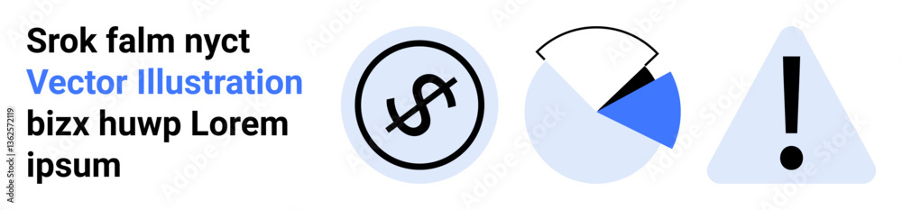 Dollar sign in circle, pie chart with blue section, and exclamation mark in triangle. Ideal for finance, analytics, caution, warning, money, data insights simple landing page Dollar sign in circle, pie chart with blue section, and exclamation mark in triangle. Ideal for finance, analytics, caution, warning, money, data insights simple landing page