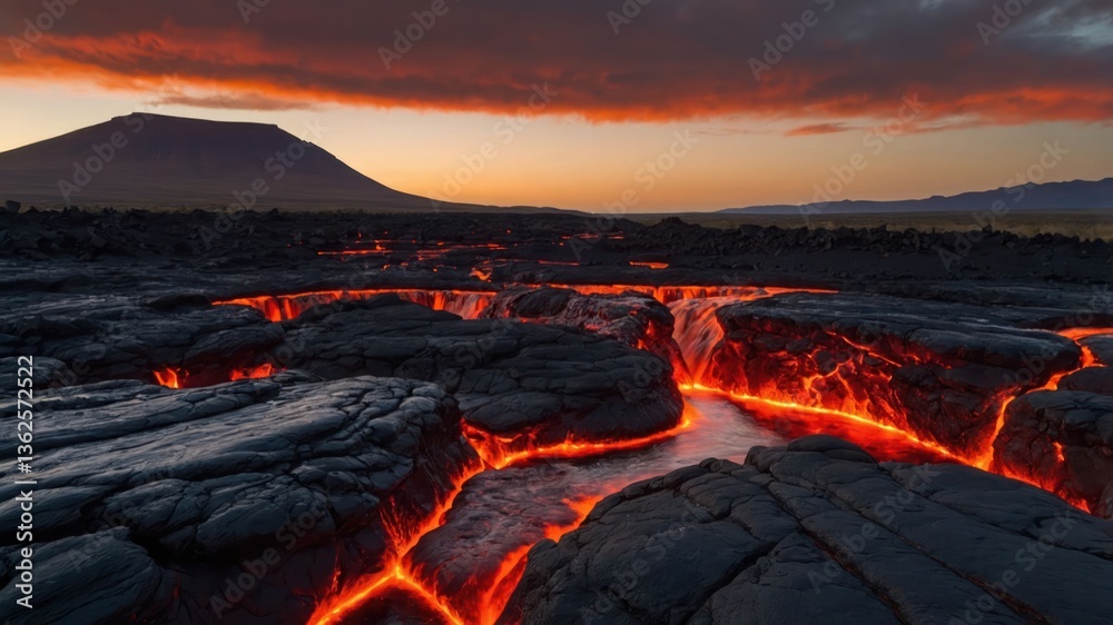 Fototapeta premium A dramatic volcanic landscape with flowing lava and a mountain backdrop at sunset.
