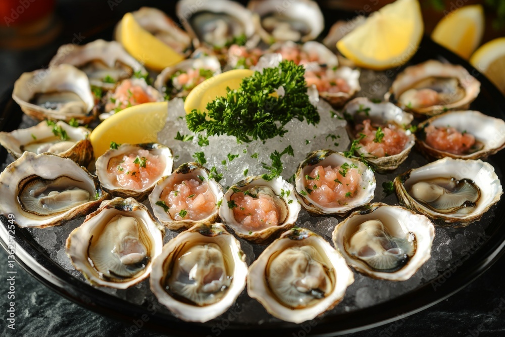 Freshly shucked oysters garnished with lemon and parsley on a black platter ready for seafood lovers Freshly shucked oysters garnished with lemon and parsley on a black platter ready for seafood lovers