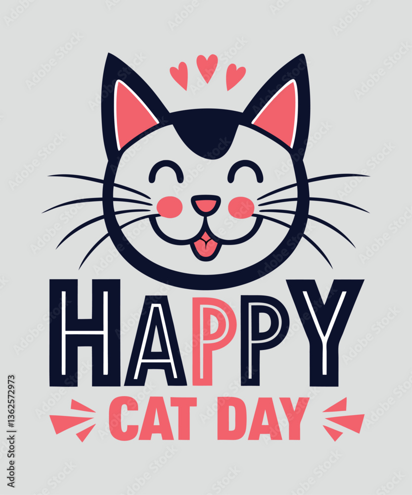 Happy Cat Day Cute Cartoon Design – Smiling Kitty with Hearts Happy Cat Day Cute Cartoon Design – Smiling Kitty with Hearts