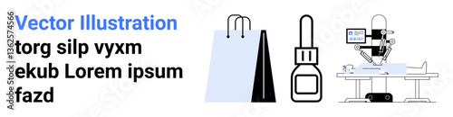 Shopping bag, nail polish bottle, and robotic surgery setup with tech elements. Ideal for e-commerce, beauty, healthcare, advanced technology, digital tools, online shopping simple landing page