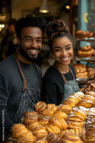 Happy couple smiling behind fresh pastry