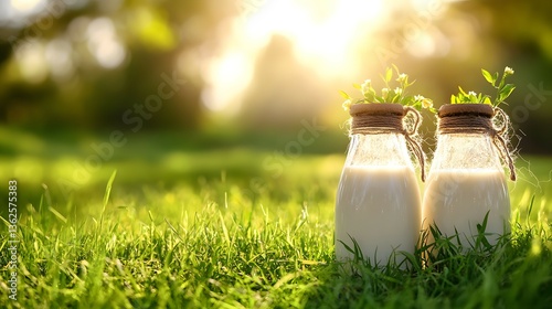 Two glass jars of fresh milk showcasing the richness of grass-fed dairy in a bright and inviting kitchen setting