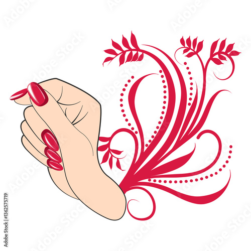 vector image of a female hand with red manicure and ornament