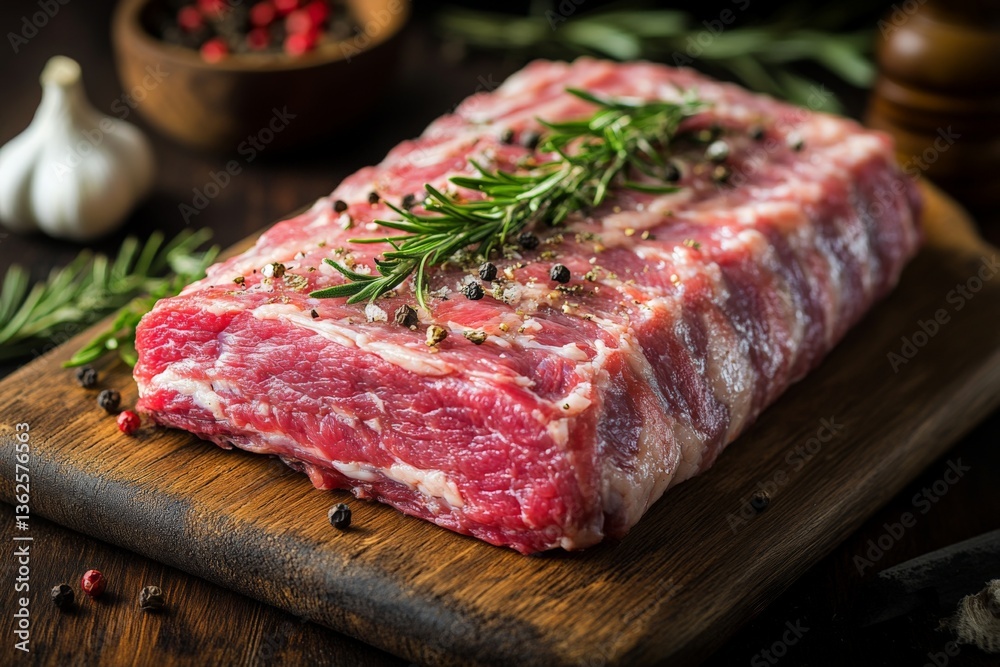 Fresh cut beef ribeye steak garnished with rosemary and spices on wooden cutting board Fresh cut beef ribeye steak garnished with rosemary and spices on wooden cutting board