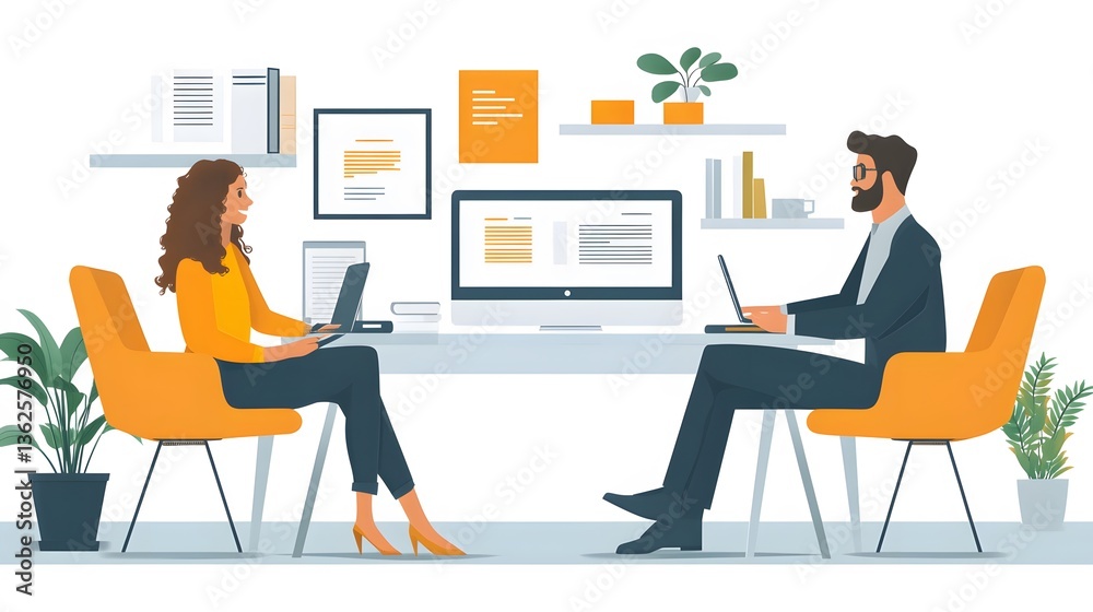 Business leader providing feedback to an employee in a modern office strategy illustration Business leader providing feedback to an employee in a modern office strategy illustration