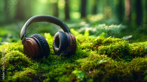 Headphones rest on moss in green forest; nature background
